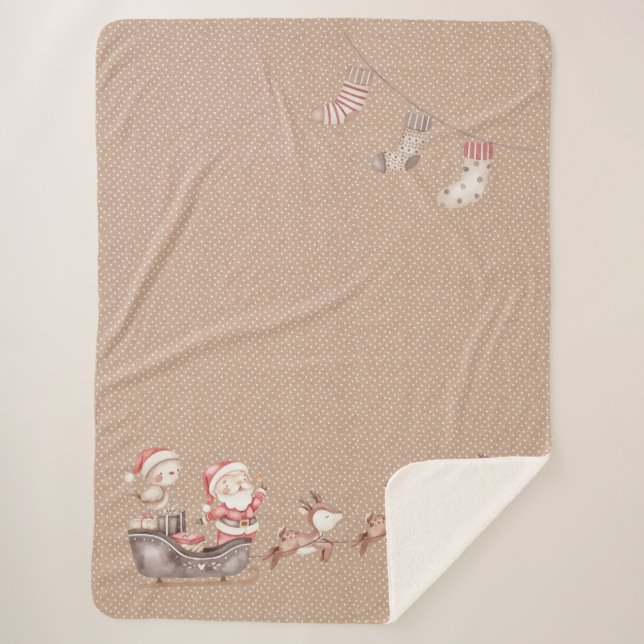 Brown Sherpa Blanket with Santa in the Sleigh (Front)