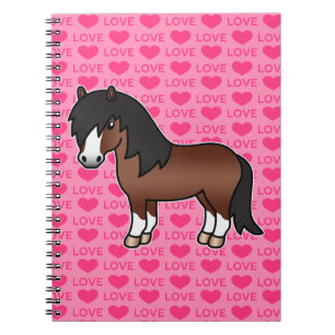 Brown Shetland Pony Cartoon Drawing & Pink Hearts Spiral Notebook