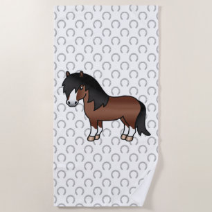 Brown Shetland Pony Cute Cartoon Illustration Beach Towel