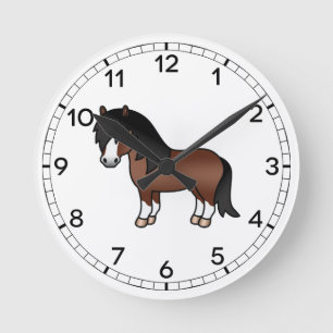 Brown Shetland Pony Cute Cartoon Illustration Round Clock