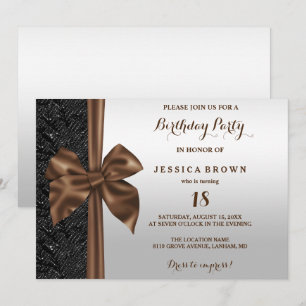 Brown Silk Bow Black Sequins 18th Birthday Invitation