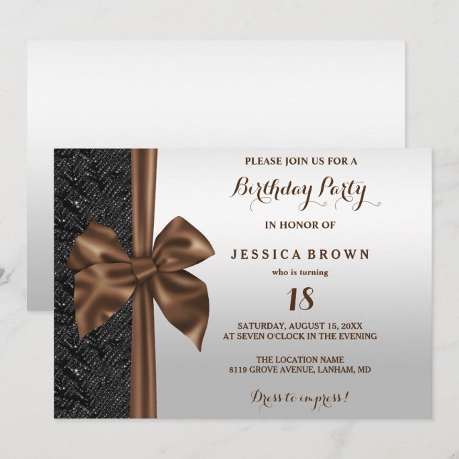 Brown Silk Bow Black Sequins 18th Birthday Invitation (Front/Back)
