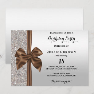 Brown Silk Bow Silver Sequins 18th Birthday Invitation