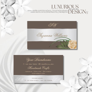 Brown Silver Decor Cute Rose Flower with Initials Business Card