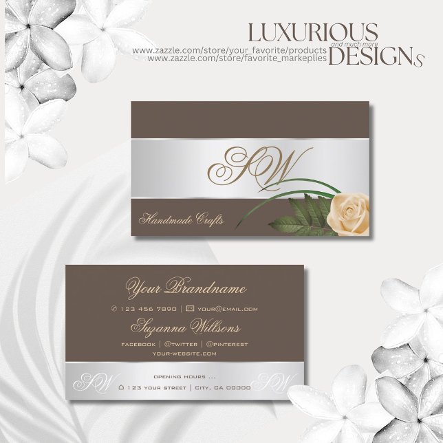 Brown Silver Decor Cute Rose Flower with Monogram Business Card (Creator Uploaded)