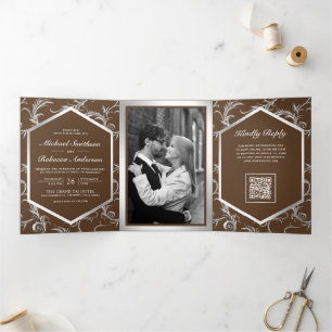 Brown Silver Flourish QR Code Wedding Tri-Fold Invitation