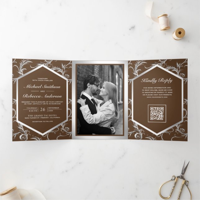 Brown Silver Flourish QR Code Wedding Tri-Fold Invitation (Inside)