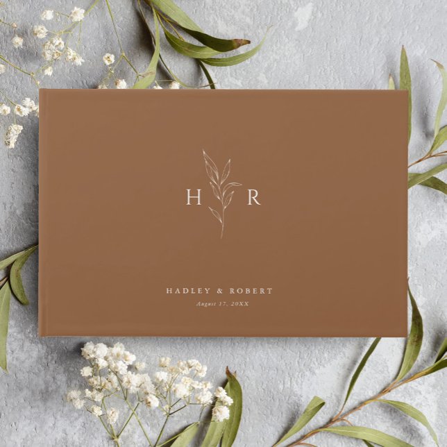 Brown Simple Minimal Monogram Botanical Wedding Guest Book (Creator Uploaded)