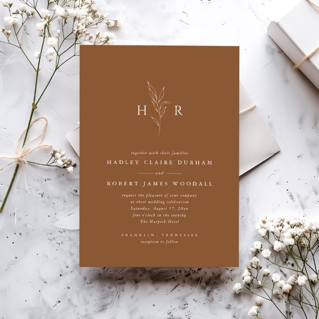 Brown Simple Minimal Monogram Botanical Wedding Invitation (Creator Uploaded)