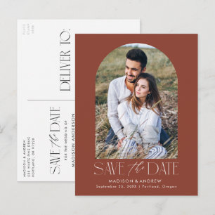 Brown Simple Modern Arch Photo Save the Date Announcement Postcard