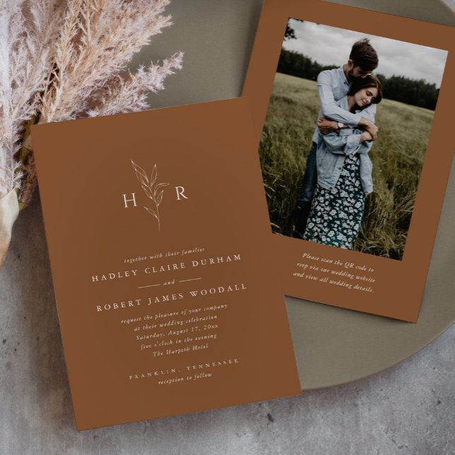 Brown Simple Monogram QR Code Photo Wedding Invitation (Creator Uploaded)