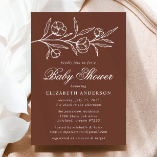 Brown Sketched Floral Baby Shower Invitation