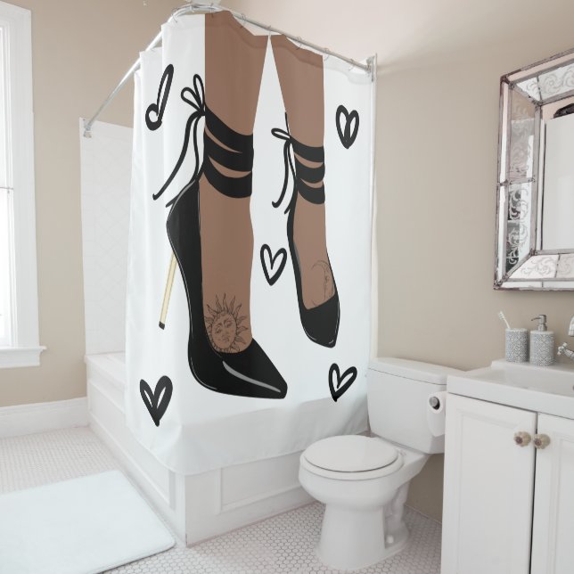 Brown Skin Black Strappy High Heels Sun Moon Chic Shower Curtain (In Situ)