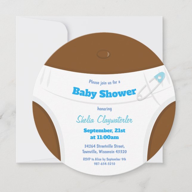 Brown Skin Blue Diaper Baby Shower Invitation (Front)