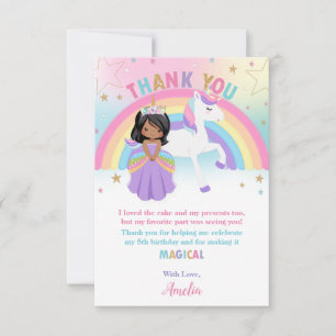 Brown Skin Princess and Rainbow Unicorn Birthday Thank You Card