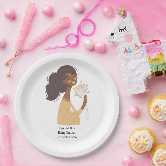 Brown skinned boho woman bouquet of hearts  paper plate (Party)