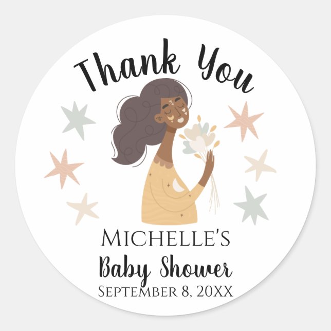 Brown skinned boho woman thank you hearts flowers  classic round sticker (Front)