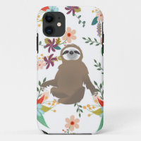 Brown Sloth Sitting in Leafy Flowery Background