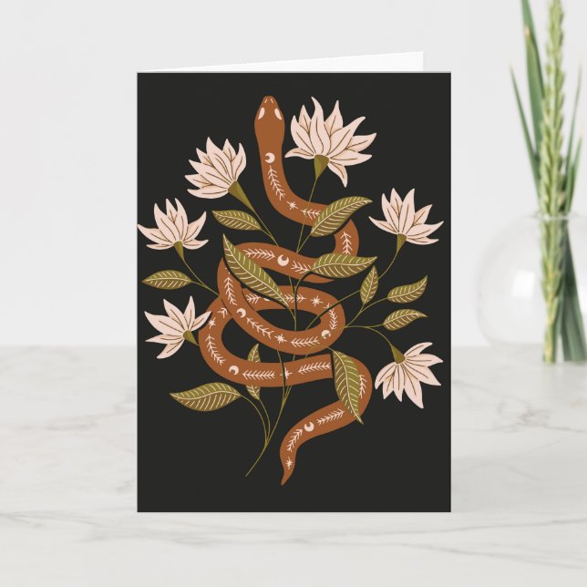 Brown Snake Pink Flowers  Card (Front)