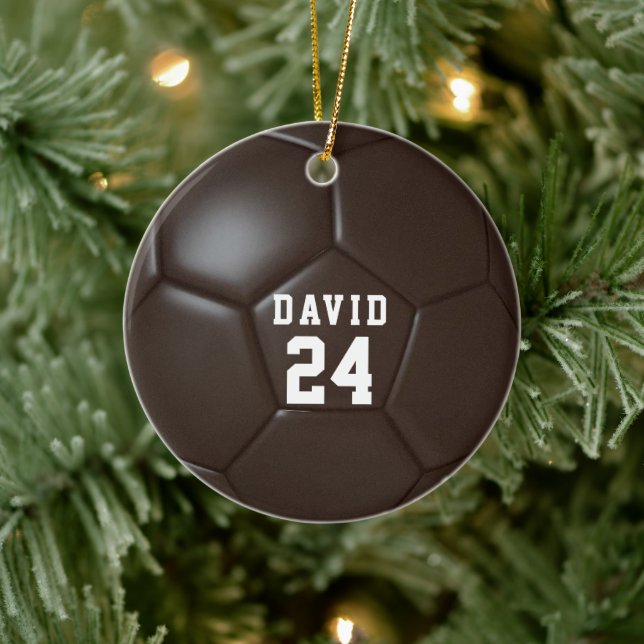 Brown Soccer Ball Personalised Name Team Number Ceramic Tree Decoration (Tree)