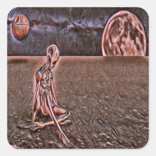 Brown space alien square sticker