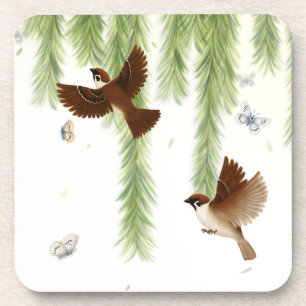 Brown Sparrows Among Weeping Willow Leaves Coaster