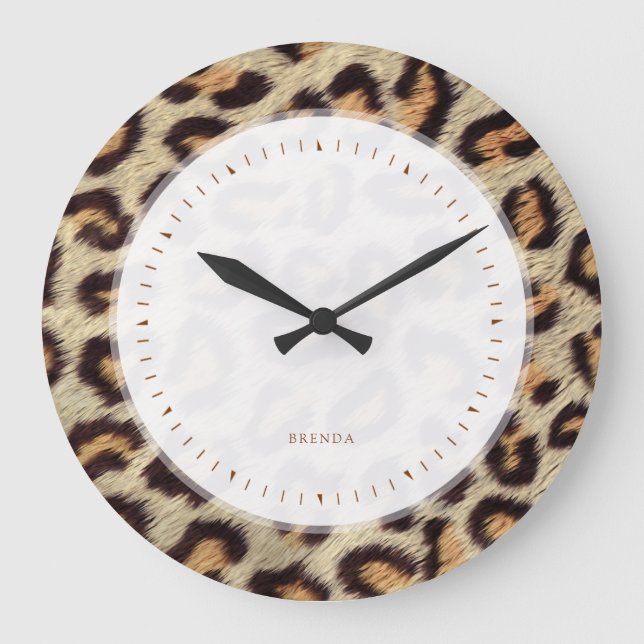 Brown spots leopard faux fur pattern large clock (Front)