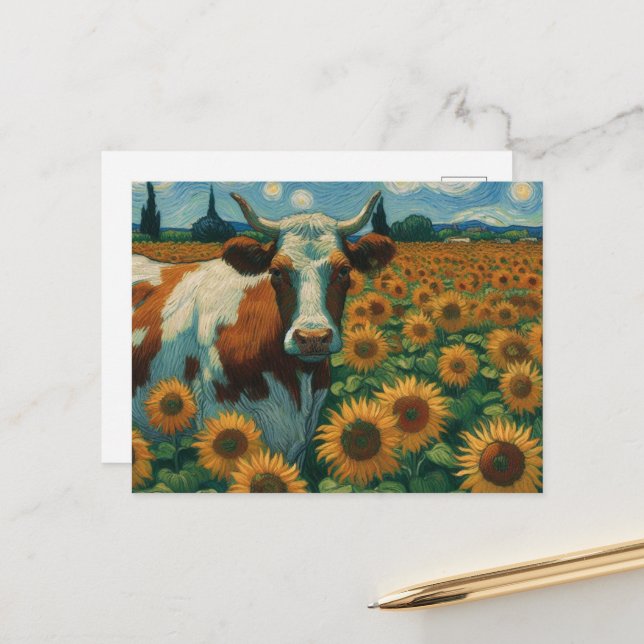 Brown Spotted Cow in Faux Van Gogh Sunflower Field Postcard (Front/Back In Situ)