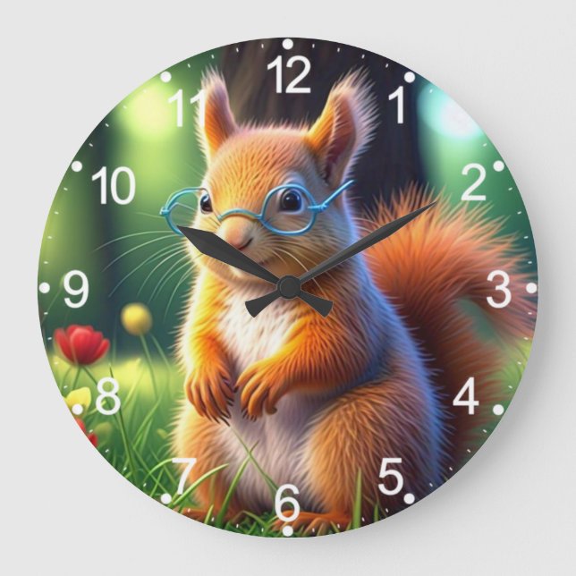 Brown Squirrel Sitting On Grass-435435 Large Clock (Front)