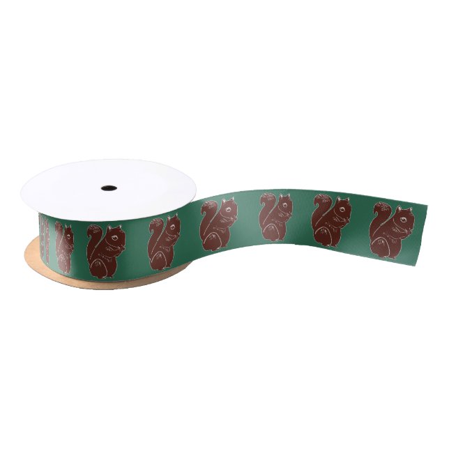 Brown Squirrels Green Satin Ribbon (Spool)