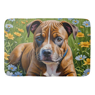 Brown Staffordshire Bull Terrier Puppy Acryli Art, Bath Mat