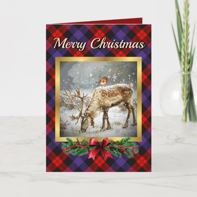 Brown Stag & Robin Tartan Personalised  Holiday Card (Front)