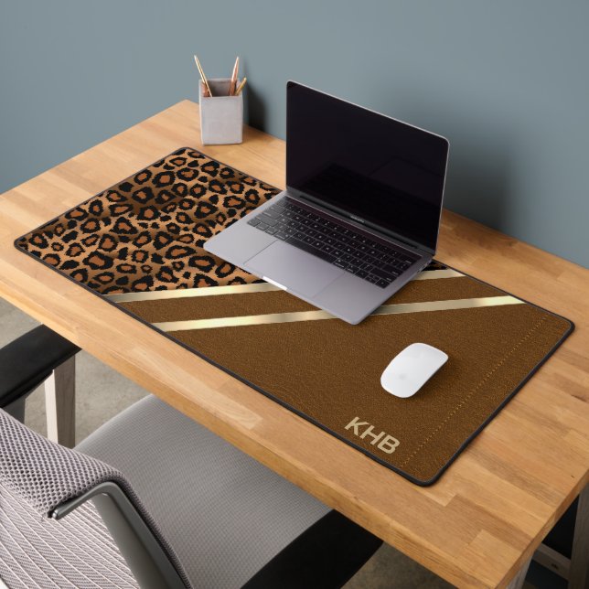 Brown Stitch Faux Leather & Leopard - Monogram Desk Mat (Office 2)