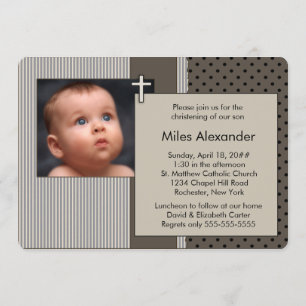 Brown Stripe Boys Photo Christening Invitation