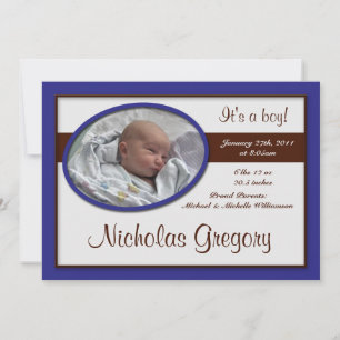 Brown Stripe Dark Blue Birth Announcements