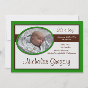 Brown Stripe Dark Green Birth Announcements