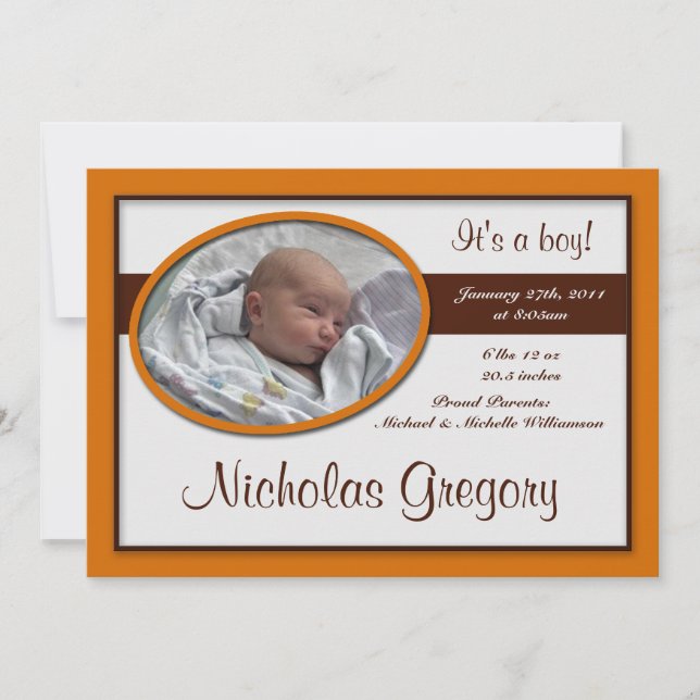 Brown Stripe Orange Birth Announcements (Front)