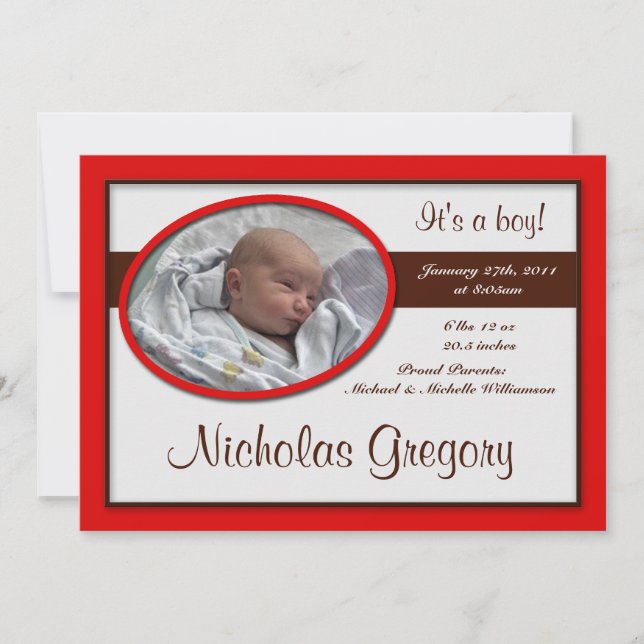 Brown Stripe Red Birth Announcements (Front)