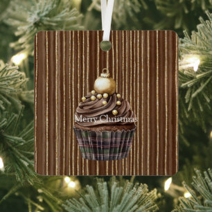 Brown Stripes Gold Ornament Christmas Cupcake  