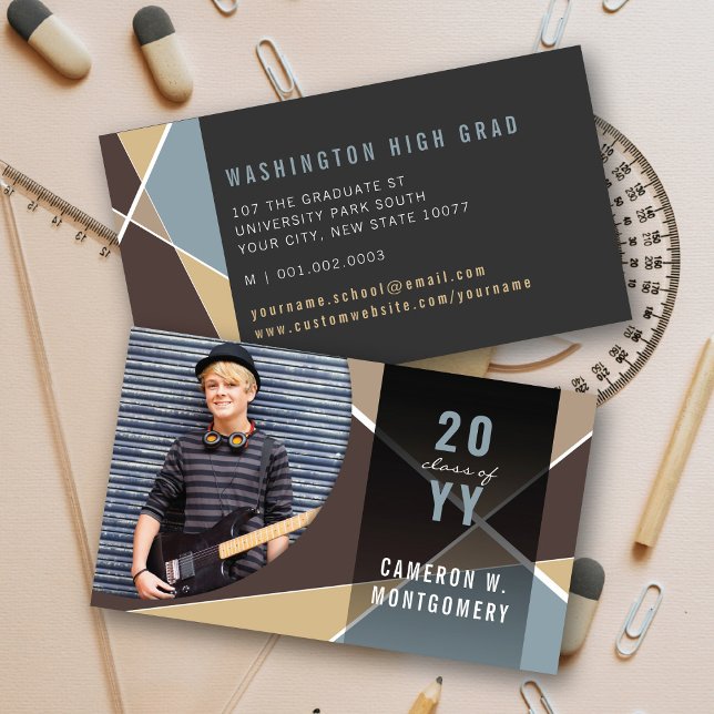 Brown Stylish Geometric Lines Mod Photo Graduate Calling Card (Brown Stylish Geometric Criss Cross Photo Graduation Calling / Name Card @ zazzle.com/color_therapy)