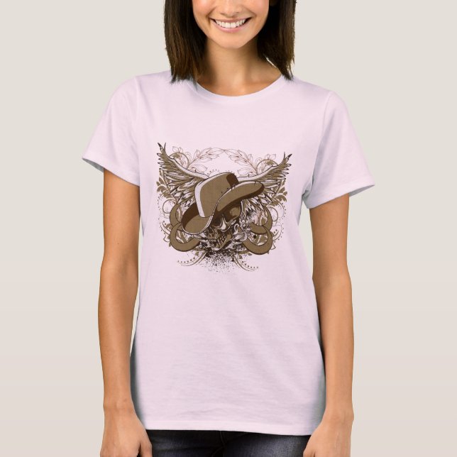 Brown Sugar Skull Cowboy Hat & Egle Wings T-Shirt (Front)