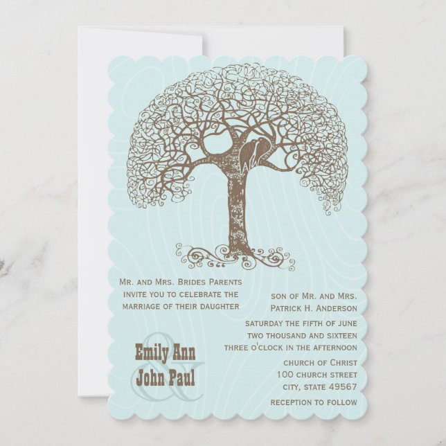 Brown Swirl Rustic Tree Love Bird Woodland Wedding Invitation (Front)