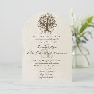 Brown Swirl Tree Distressed Damask Invitation