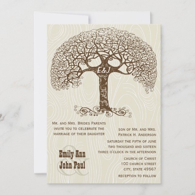 Brown Swirl Tree Ivory Woodgrain Wedding Invite (Front)