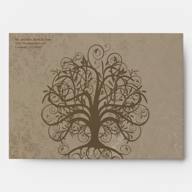 Brown Swirl Tree Wedding Envelopes (Front)
