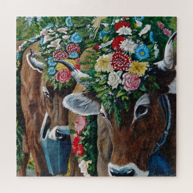 Brown Swiss milk cow with flowers/Oktoberfest Jigsaw Puzzle (Horizontal)
