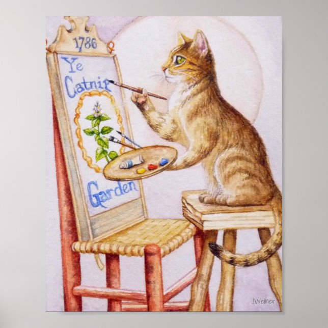 Brown Tabby Artist Cat Painting Watercolor 8x10 Poster (Front)
