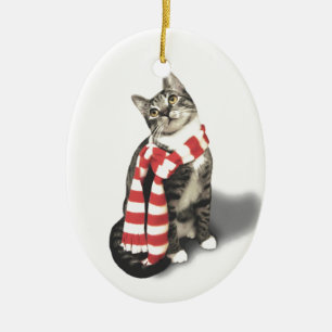 Brown Tabby Cat in a Red and White scarf Ceramic Tree Decoration