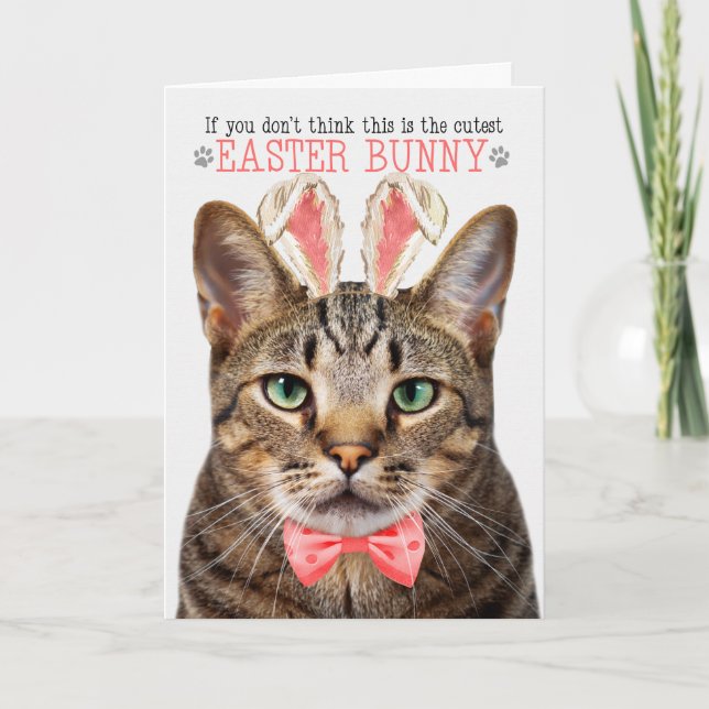 Brown Tabby Cat in Bunny Ears for Easter Holiday Card (Front)