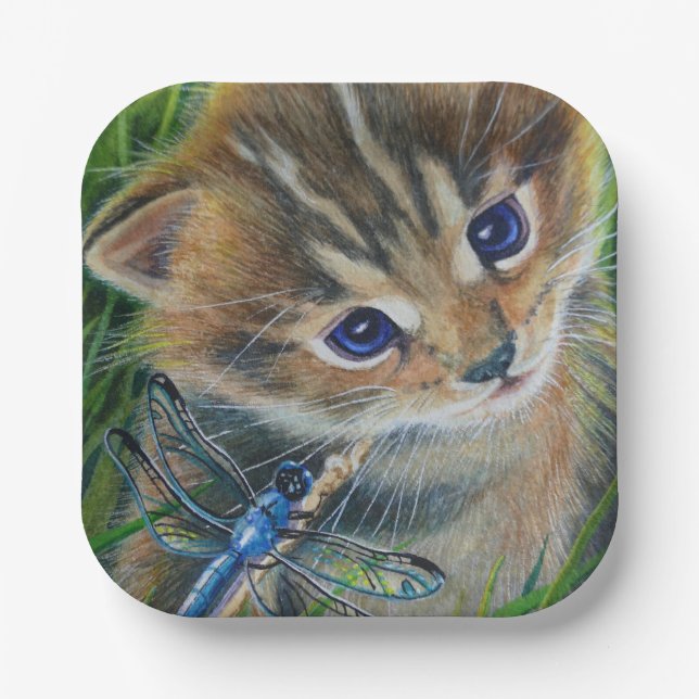 Brown Tabby Kitten & Dragonfly Watercolor Art Paper Plate (Front)